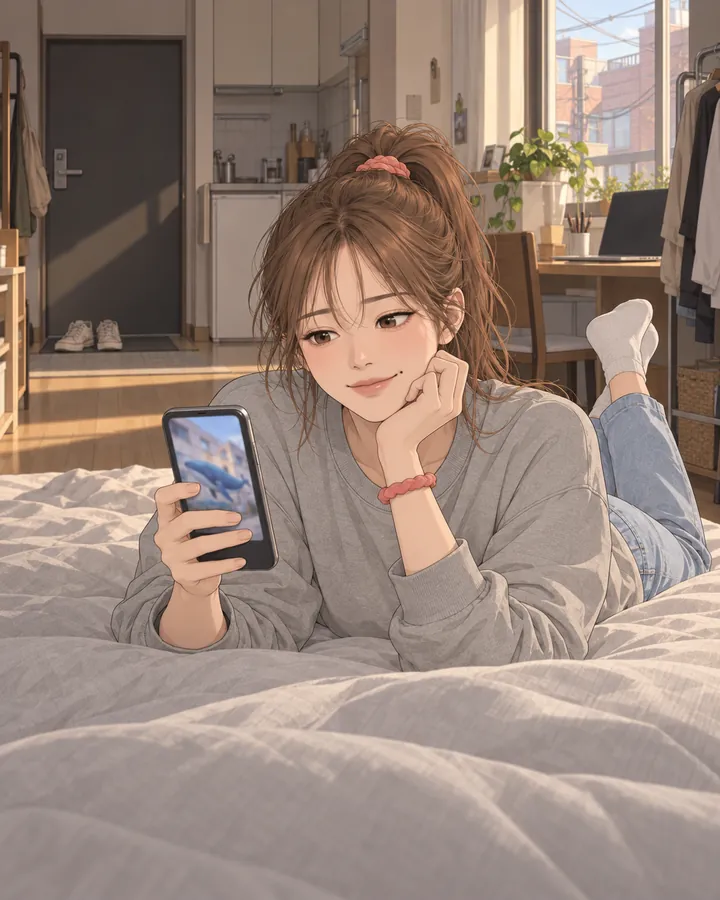 침대에 엎드려 휴대폰을 보며 웃는 하루