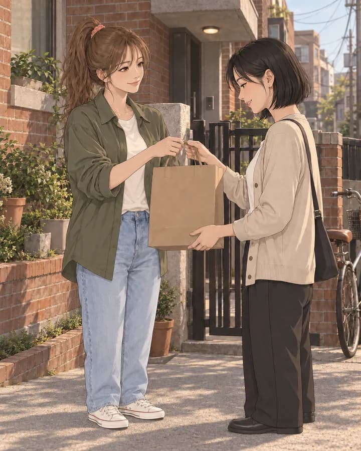 문 앞에서 종이 가방을 건네받는 하루